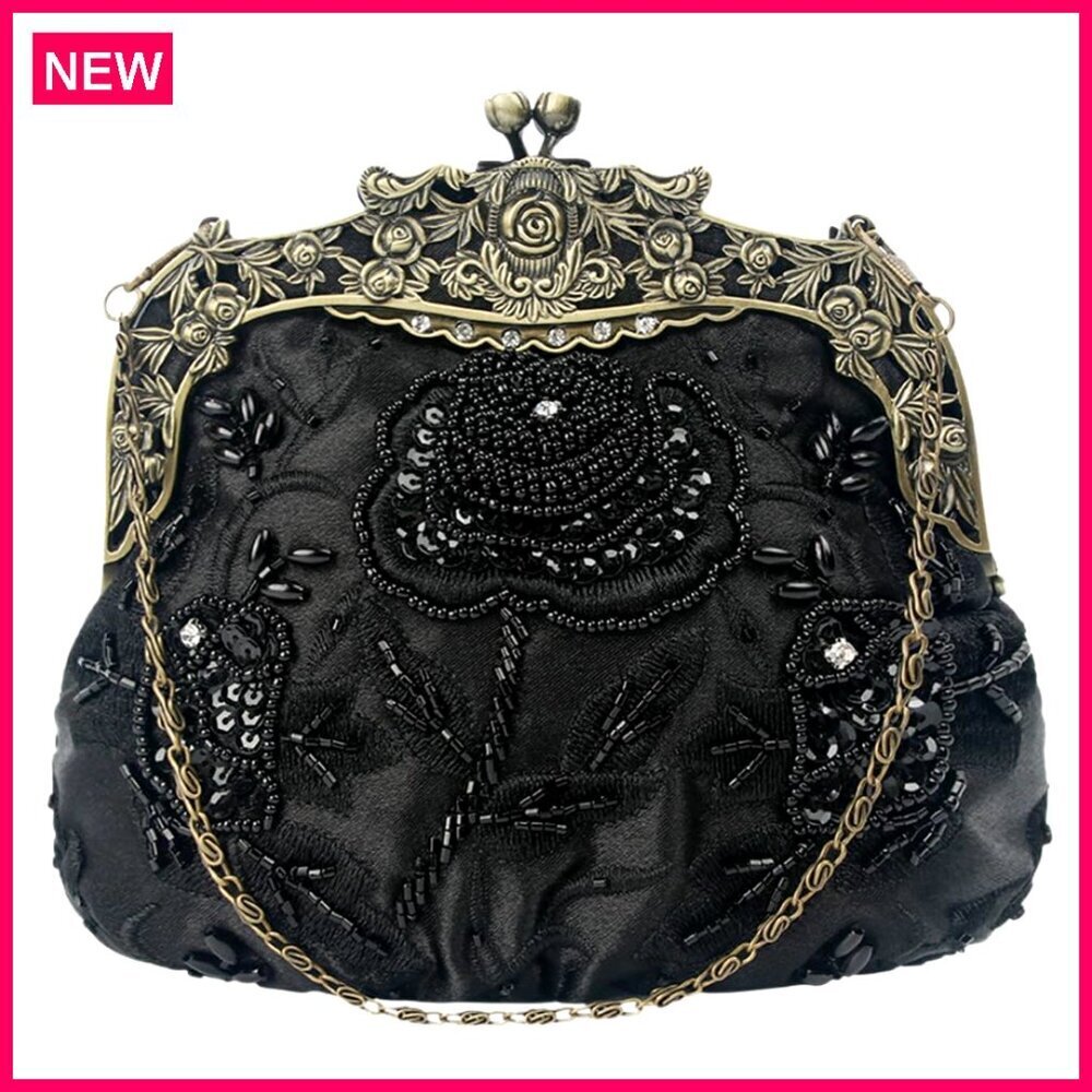 Vintage Beaded Sequin Evening Clutch with Removable Shoulder Chain
